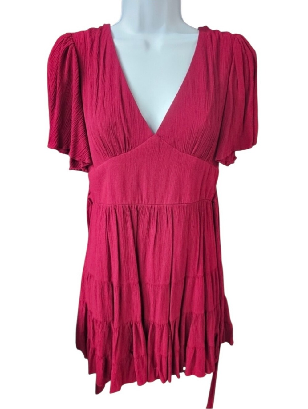 Women’s Red V-Neck Tiered Short Dress